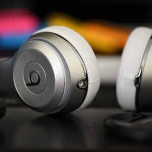 A detailed shot of sleek over-ear headphones, perfect for music lovers and audiophiles.